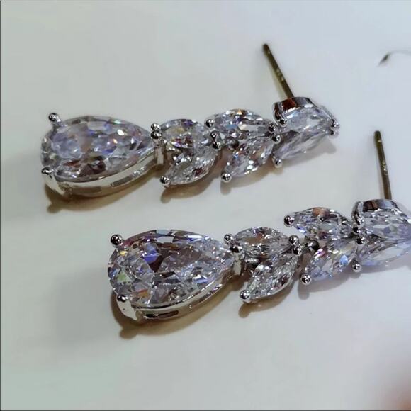 Tiered Crystal Rhinestone Formal Wedding Earrings Drop Style Sparkle - Picture 5 of 5